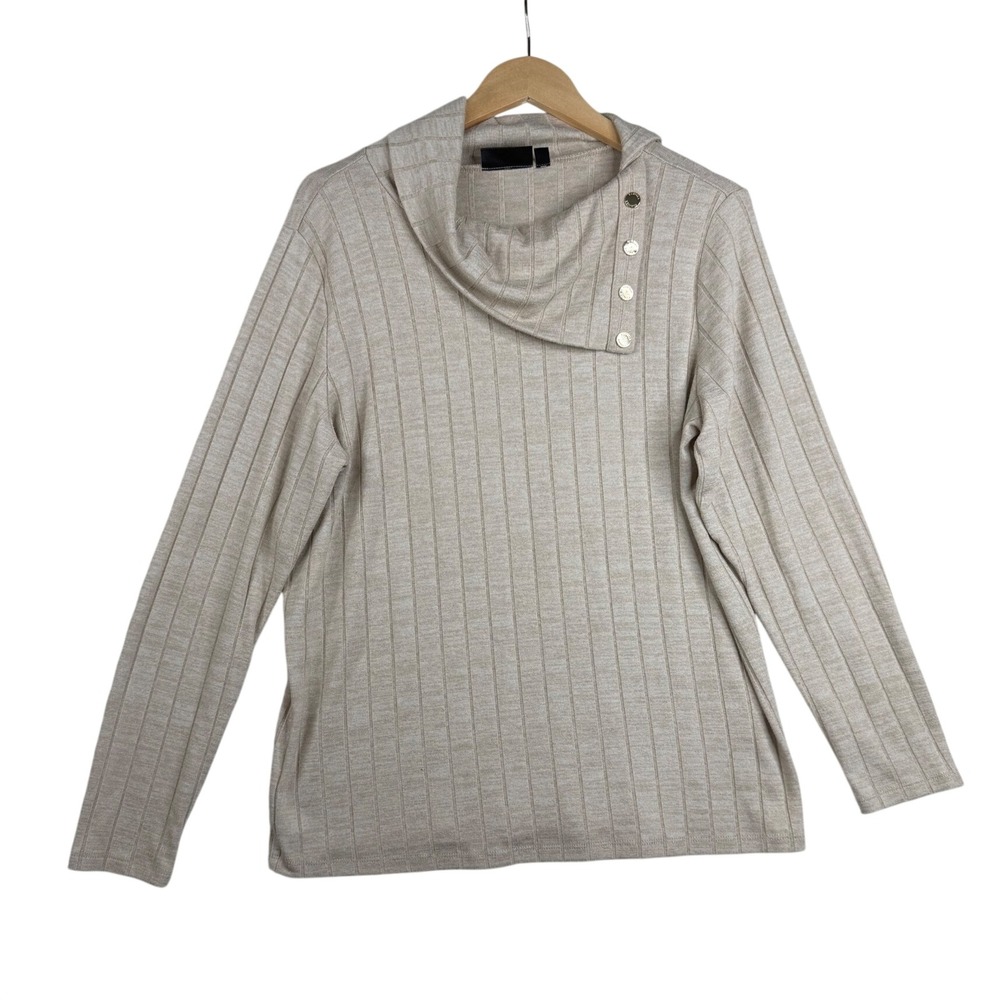 Rafaella Asymmetrical Cowl Neck Accent Button Long Sleeve Top size Large Cream